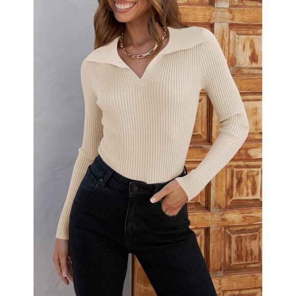 Women's Ribbed Knit Pullover Sweater V-Neck Fall Casual Slim Fit - Picture 7 of 8